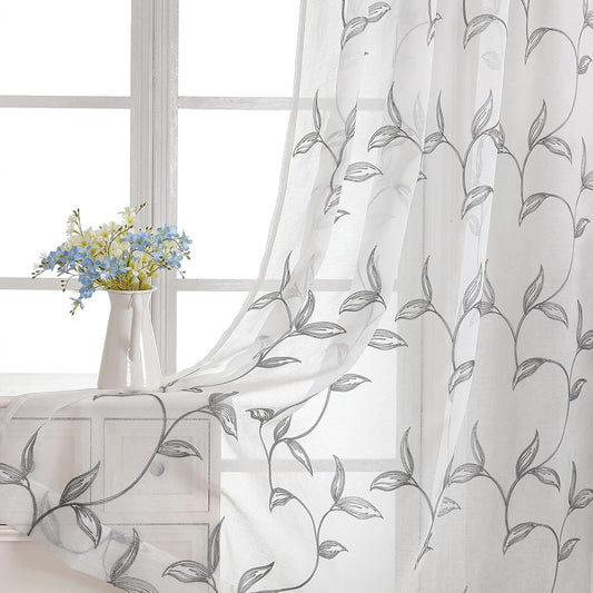 VISIONTEX Sheer Curtains 95 Inch Length 2 Panels, Decor Iron Grey Vine Leaves Embroidery on White Voile Pair, Accent Semi Window Drapes for Kitchen, Living Room and Bedroom, 54" W x 95" L