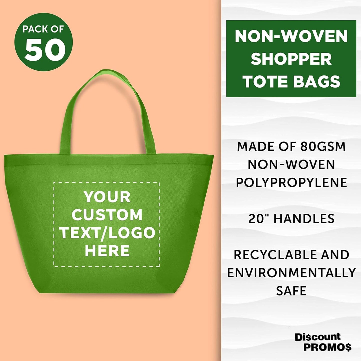 DISCOUNT PROMOS Custom Southern Style Grocery Tote Bags Set of 50 - Personalized Bulk Pack, Reusable Grocery & Shopping Bags - Great for Travel, Business Promotions - Lime Green - 20"X13"X8"