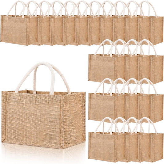 Cunno 24 Pcs Burlap Tote Bag Mini Jute Reusable Waterproof Bag with Handles Small Blank Canvas for Wedding Beach DIY Gift(Classic,9.06 x 6.3 x 5.12)