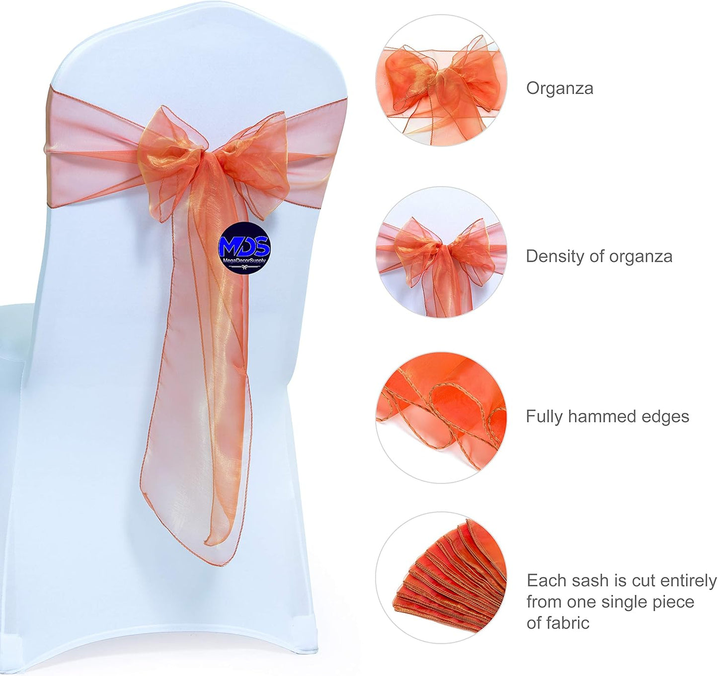 MDS Pack of 125 PCS Organza Chair Sashes Wider Dining Chair Bows Ribbon Tie Back for Wedding Party Birthday Bridal Shower Reception Event Banquet Home Chair Cover Decoration - Brunt Orange