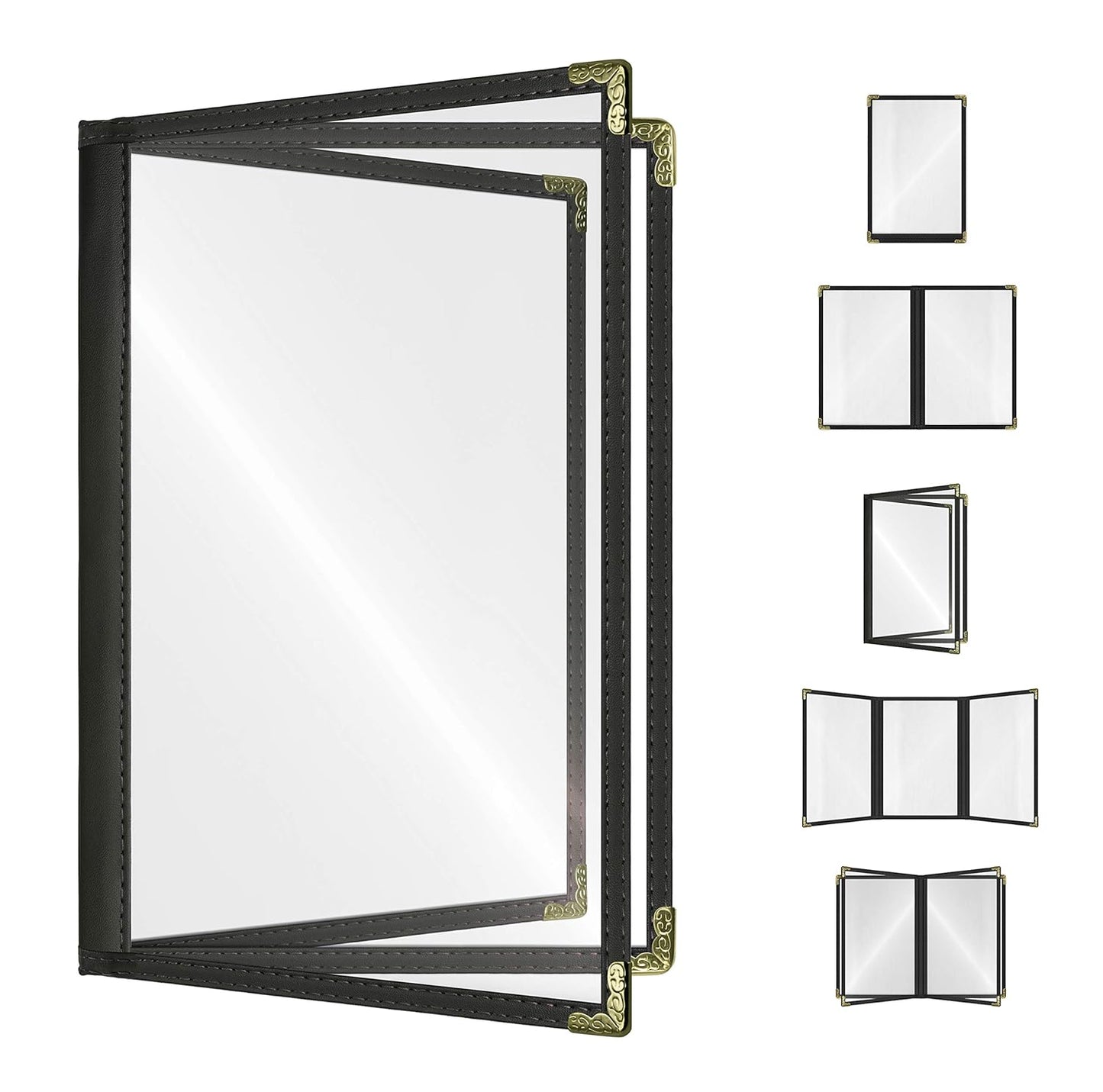 Goodsmart Restaurant Menu Covers - 25 Pack Black 8.5" x 11", 3-Page/6-View, Side-Loading Vinyl Menu Holders, Clear Sleeves, Double-Stitched Edge, Leather-Style Café Covers with Gold Corners