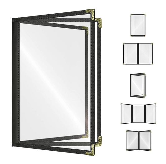 Goodsmart Restaurant Menu Covers – 25 Pack Black 6-View Booklet 5.5" x 8.5", Side-Loading Vinyl & Plastic Menu Holders, Clear Menu Sleeves, Leather-Style Café Covers with Gold Corners