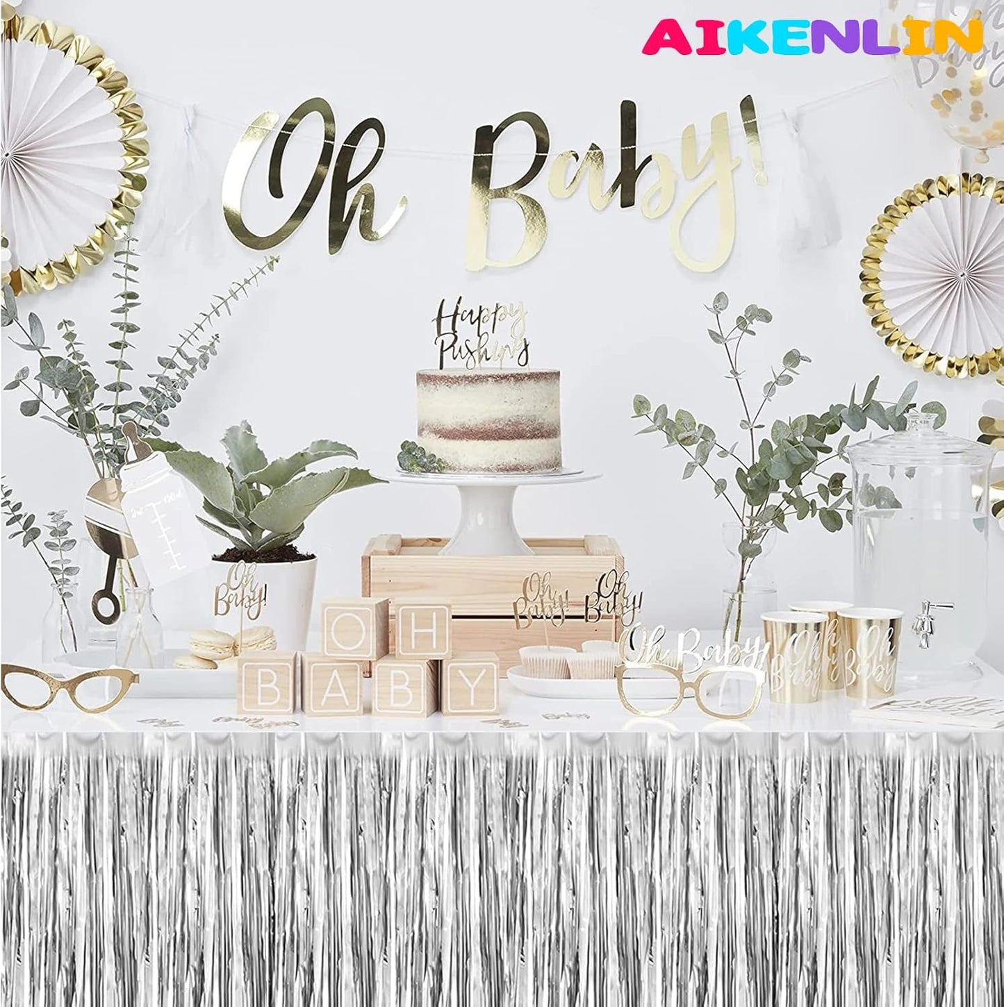 6 Pack 29x108 Inch Metallic Foil Fringe Tinsel Table Skirts Banner for Rectangle Tables Streamer Garland Curtains Backdrop for Wedding, Birthday, Parade Floats, Christmas Party Decoration(Silver)