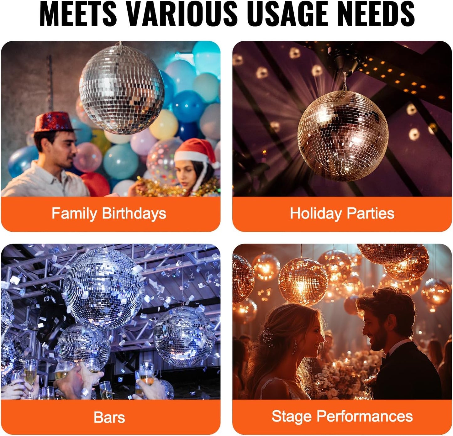 VEVOR Mirror Disco Ball, 12 Inch Mirror Ball with Hanging Ring, Lightning Disco Ball Party Decorations, Ideal for DJ Club, Stage, Wedding, Birthday, Christmas, New Years Celebration