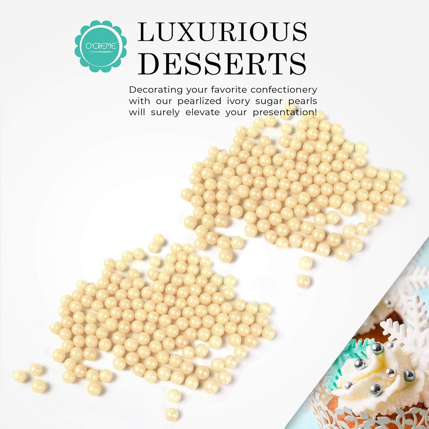 O'Creme Ivory Edible Sugar Pearls Cake Decorating Supplies for Bakers: Cookie, Cupcake & Icing Toppings, Beads Sprinkles For Baking, Certified, Candy Sugar Ball Accents (2mm, 8 Oz)