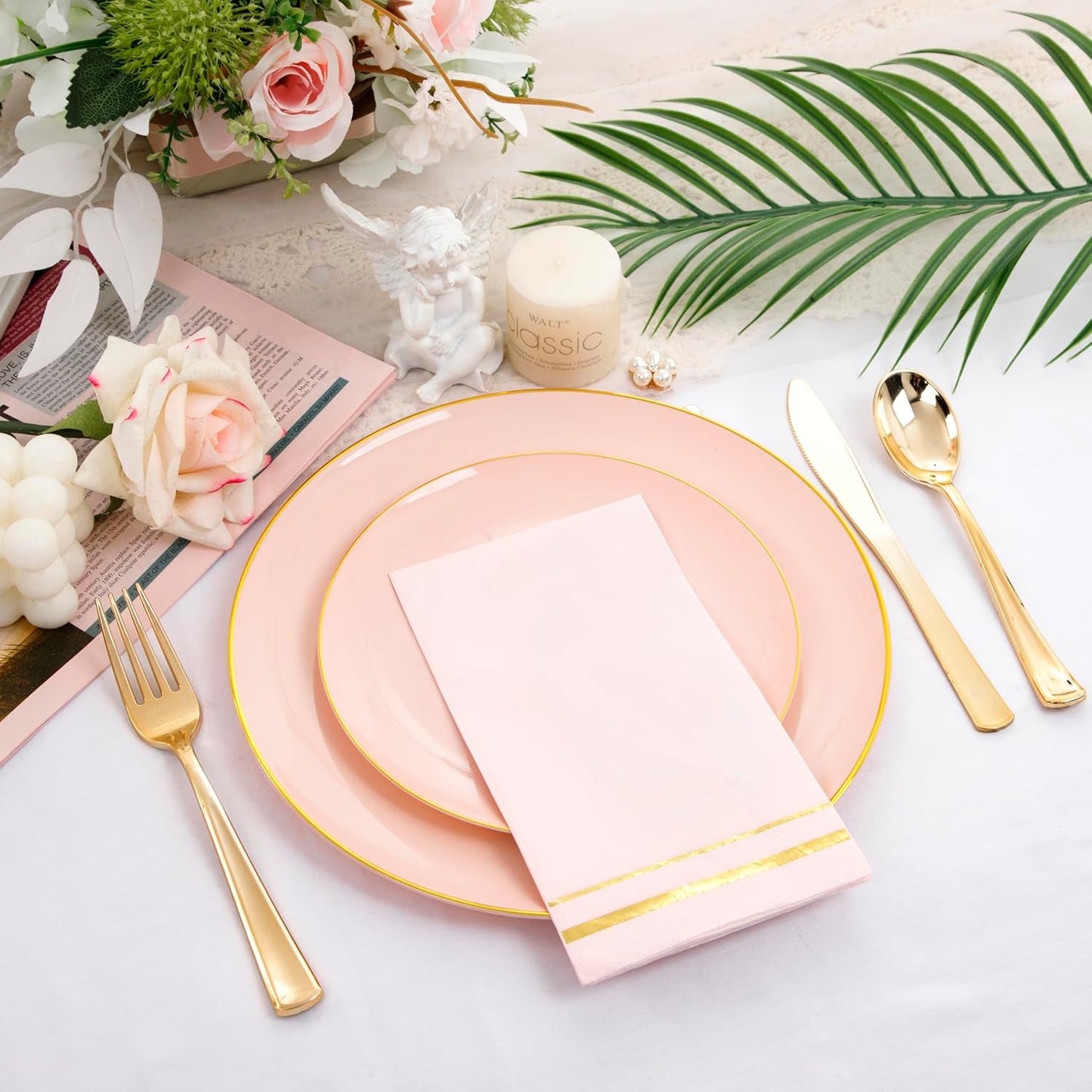 NOCCUR 350PCS Pink and Gold Plastic Plates - Pink Disposable Plastic Dinnerware Set for 50 Guests Include 50 Dinner Plates,50 Dessert Plates,150 Gold Cutlery,50 Cups&50 Napkins for Party&Wedding