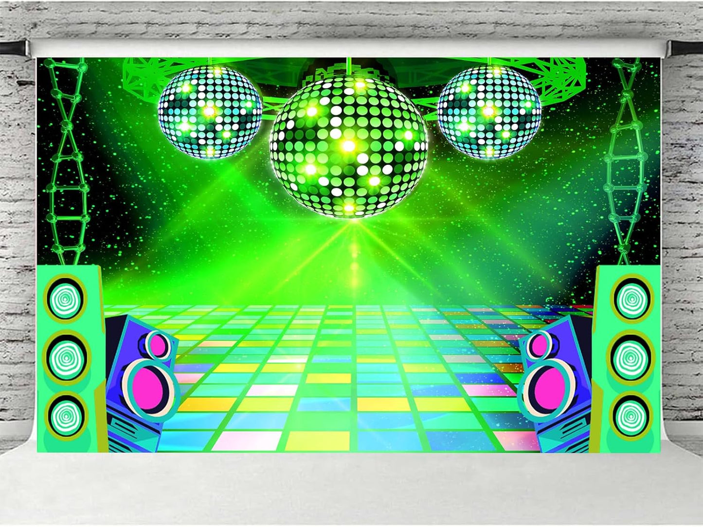 Dance Party Backdrop Retro 80s 90s Theme Stage Dance Ball Music Birthday Party Decoration DJ Photography Background 5 x 3 ft for Baby Shower Picture Photo Shoot Polyester Fabric, Green