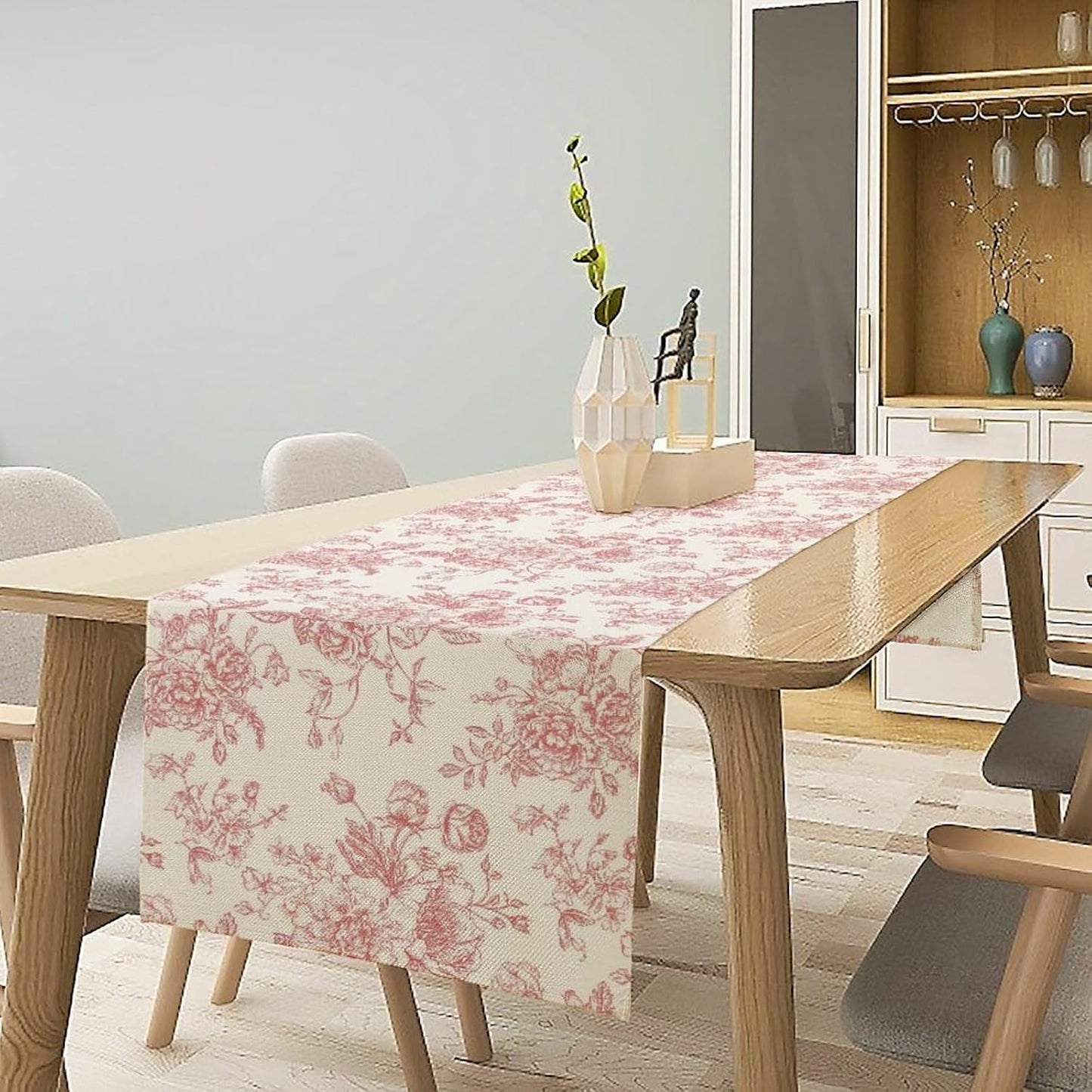 Pink White Flower Table Runner, Wildfloral Floral Sketch Pattern Print Kitchen Dinning Table Runner for Indoor Outdoor Home Wedding Party Holiday, 13x70 Inch