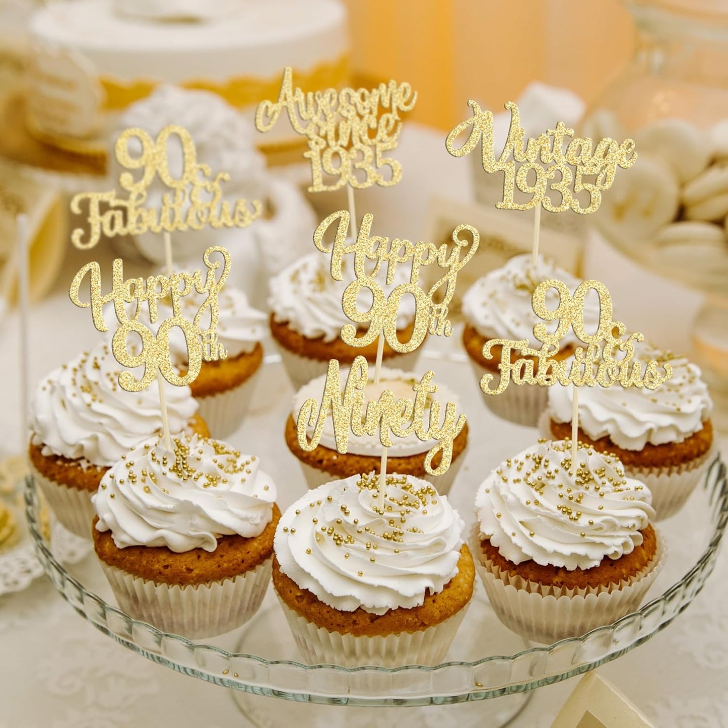 30Pcs Vintage 1935 Cupcake Toppers Glitter Ninety Happy 90th Birthday 90 Fabulous Cupcake Picks Awesome Since 1935 Cake Decorations for 90th Birthday Anniversary Retirement Party Supplies Gold