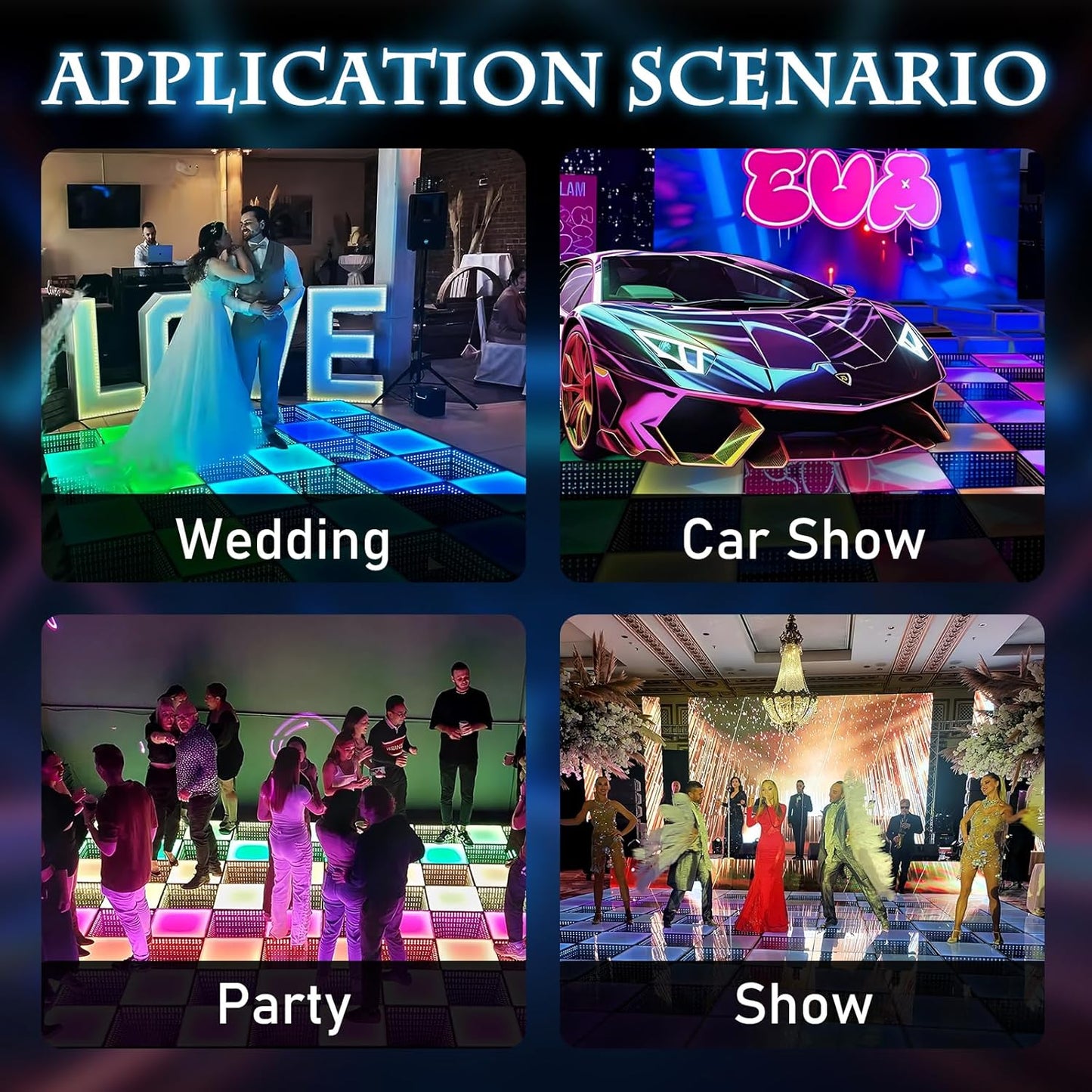 Dance Floor Stage Lights-Tempered Glass with Flight Case - RGB Color Changing Lights for Wedding, Party, Club - Non-Slip (3D&RGB -Magnetic, 12 * 12 FT)