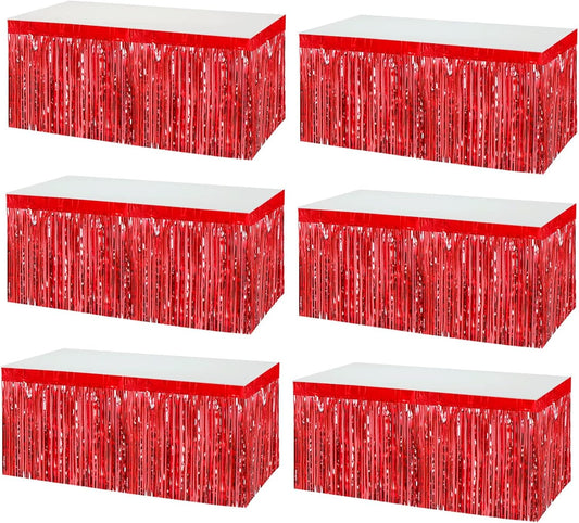 6 Pack 29x108 Inch Metallic Foil Fringe Tinsel Table Skirts Banner for Rectangle Tables Streamer Garland Curtains Backdrop for Wedding, Birthday, Parade Floats, Christmas Party Decoration(Red)