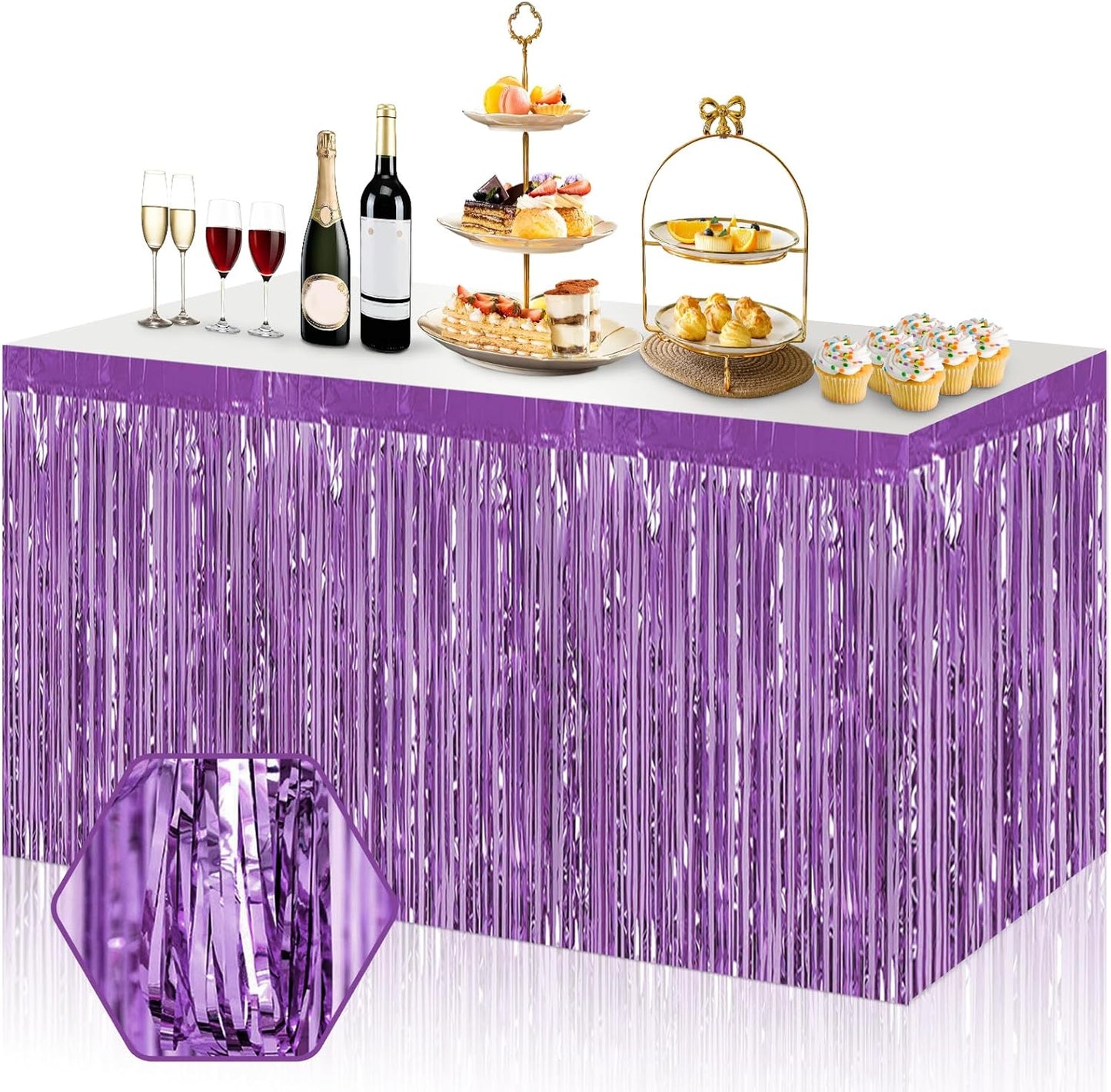3 Pack 29x108 Inch Light Purple Foil Fringe Table Skirts Metallic Banner for Tinsel Streamer Garland Backdrop for Parade Floats Wedding Thanksgiving Birthday Christmas Halloween Party Decoration