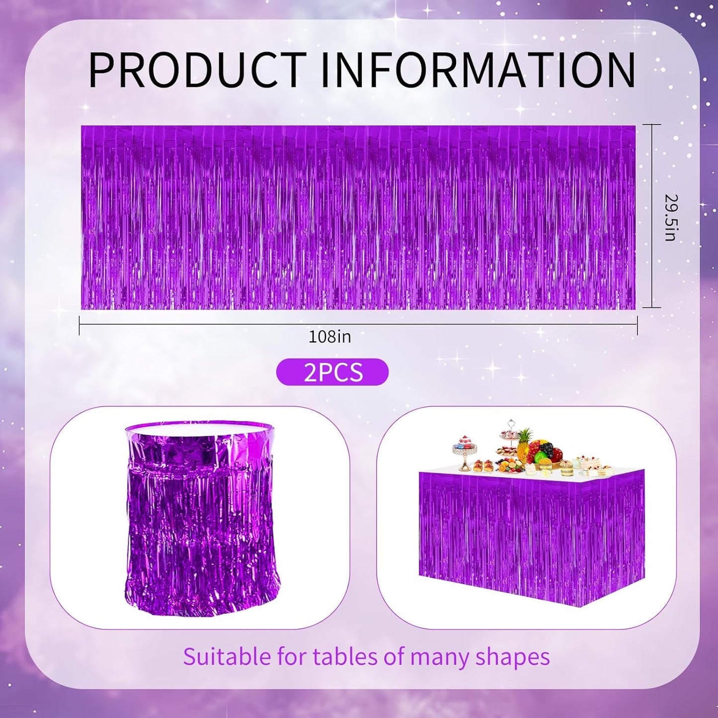 BEISHIDA 2 Pack Dark Purple Metallic Tinsel Foil Fringe Table Skirts for Rectangle and Round Tables - Birthday & Holiday Party Decorations