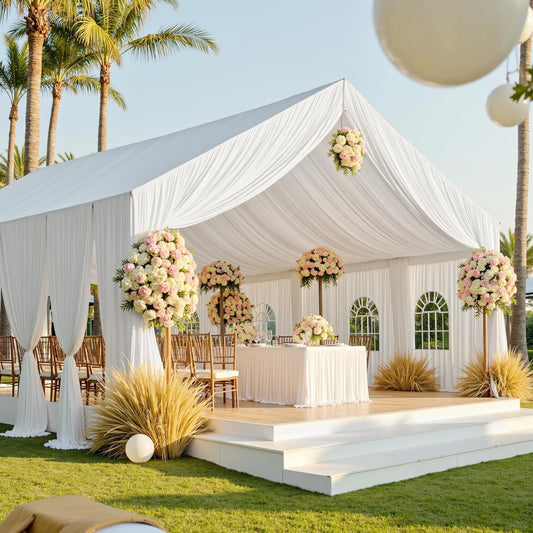 PartyVillage 10ftx40ft White Ceiling Curtain for Wedding Parties – 2 Panels Wrinkle-Free 40 FT Long Tent Draping Curtains for Wedding, Birthday & Theme Parties, 40ft Height with Rod Pocket