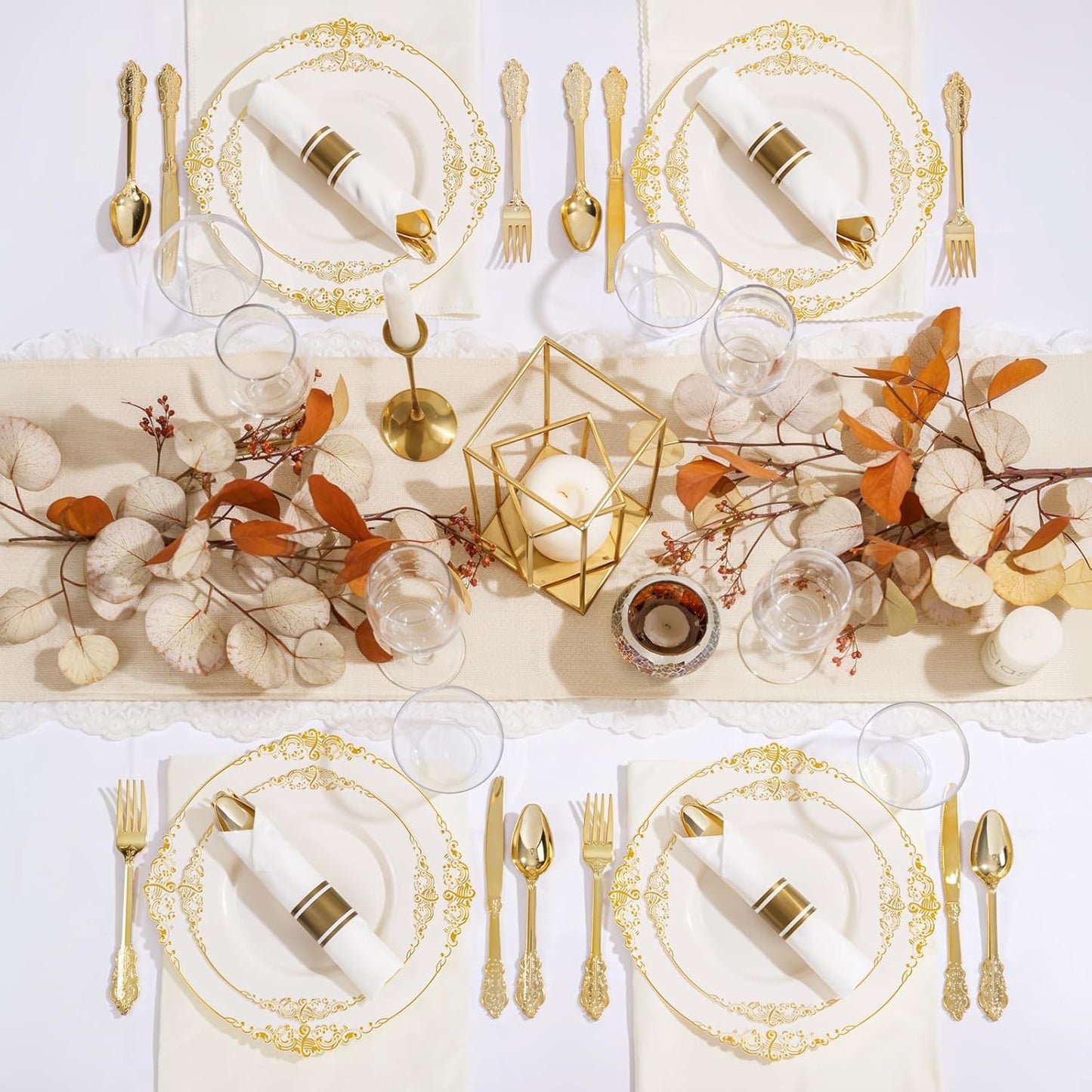 Nervure 350PCS Ivory Plastic Plates - Ivory Gold Plastic Dinnerware Sets for 50 Guests - 100 Gold Disposable Plates, 50 Pre Rolled Silverware Sets, 50 Cups Perfect for Wedding & Thanksgiving