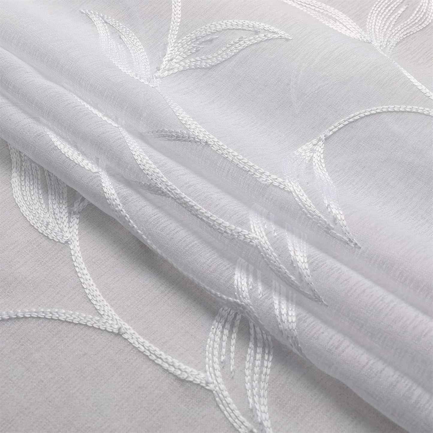 VISIONTEX White Sheer Voile Curtains, Decorative Leaves Embroidery Faux Linen Rod Pocket Window Drapes for Home Kitchen, Living Room and Bedroom 26 x 36 Inch, Set of 2 Curtain Panels