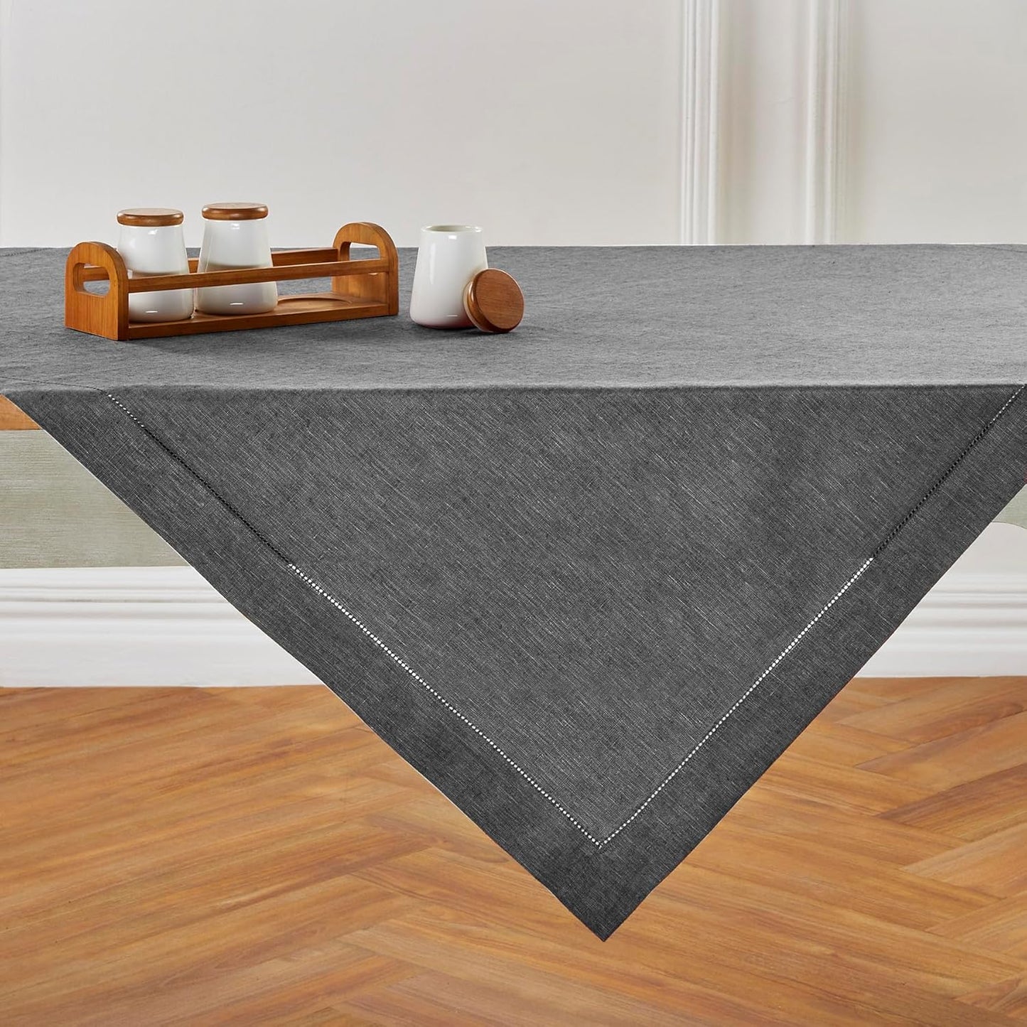 Solino Home Linen Tablecloth 52 x 52 Inch - 100% Pure Linen Charcoal Grey Square Tablecloth - Milan Hemstitch, Machine Washable Table Throw for Fall, Autumn, Halloween, Thanksgiving, Christmas