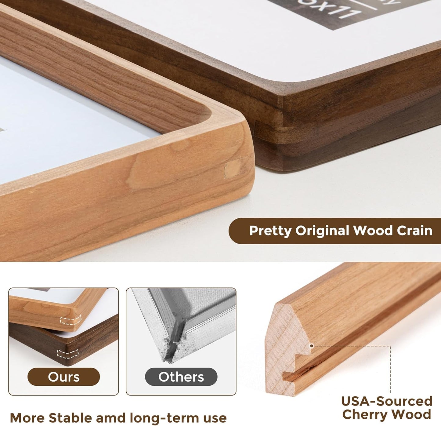 11x14 Picture Frame USA-Sourced Natural Cherry Wood Solid Original Wood Photo Frame Rounded Corner with Mat to 8x10 Picture Display with Real Glass Family Picture, Wedding Picture, Photo, Certificate