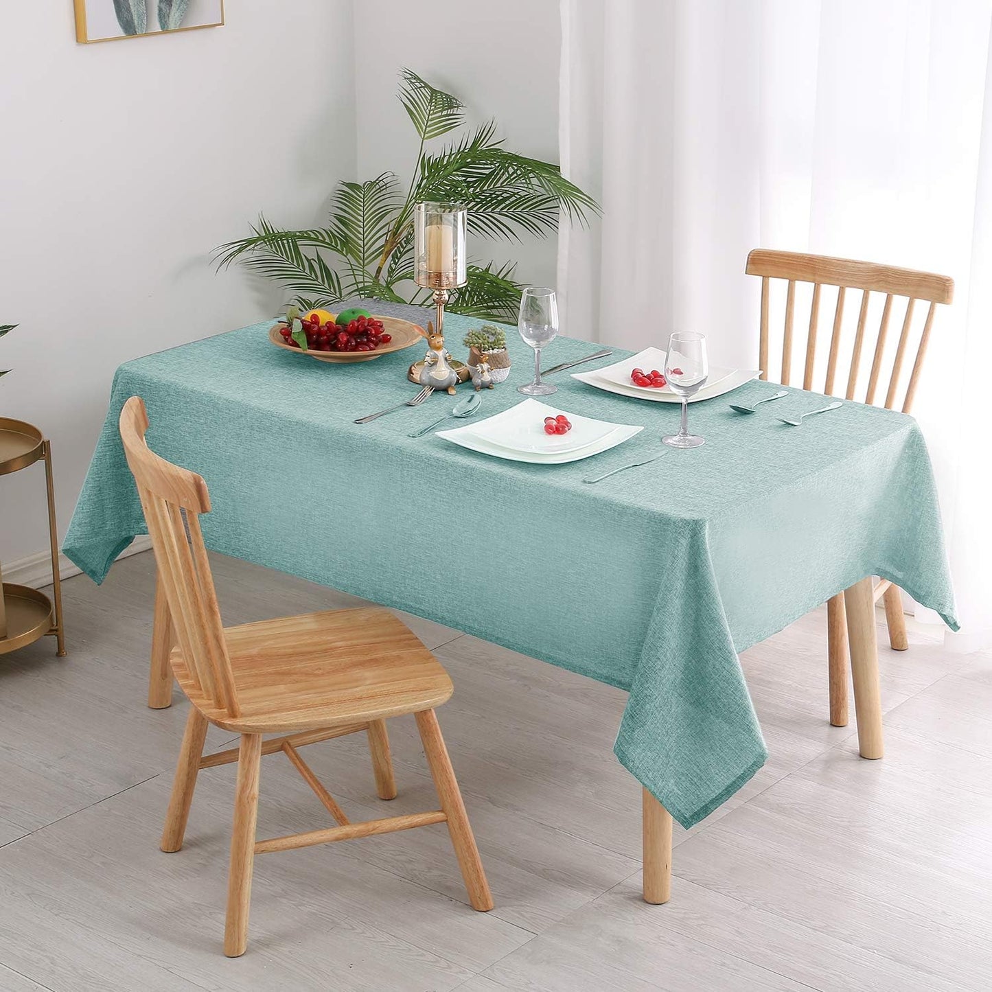 Hiasan 2 Pack Faux Linen Rectangle Tablecloth - Wrinkle and Stain Resistant Washable Table Cloth for Kitchen Dining Room Holiday Table Cover for Dinner, Aqua, 70 x 120 Inch