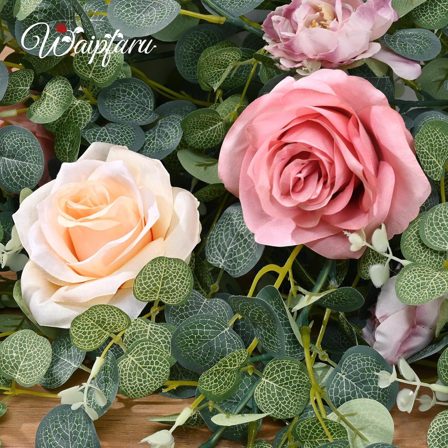 Waipfaru 2Pcs Artificial Flower Garland Decorations, 12.14Ft Eucalyptus Greenery Vines with Pink Roses for Wedding Table Runner Centerpieces Backdrop Room Decor (Pink)