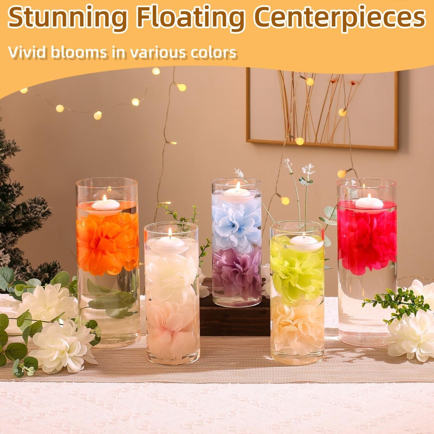 24 Pcs Floating Candles for Centerpieces and Floating Flowers Artificial Flowers Head Vase Filler for Party Home Table Wedding Centerpieces Decoration (Blue)