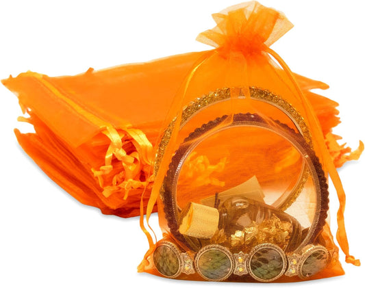 TheDisplayGuys 100-Pack 3x4 Orange Sheer Organza Gift Bags with Drawstring, Goodie Bags for Jewelry, Candy Bags, Treat Bags, Wedding Favors Small Mesh Bags