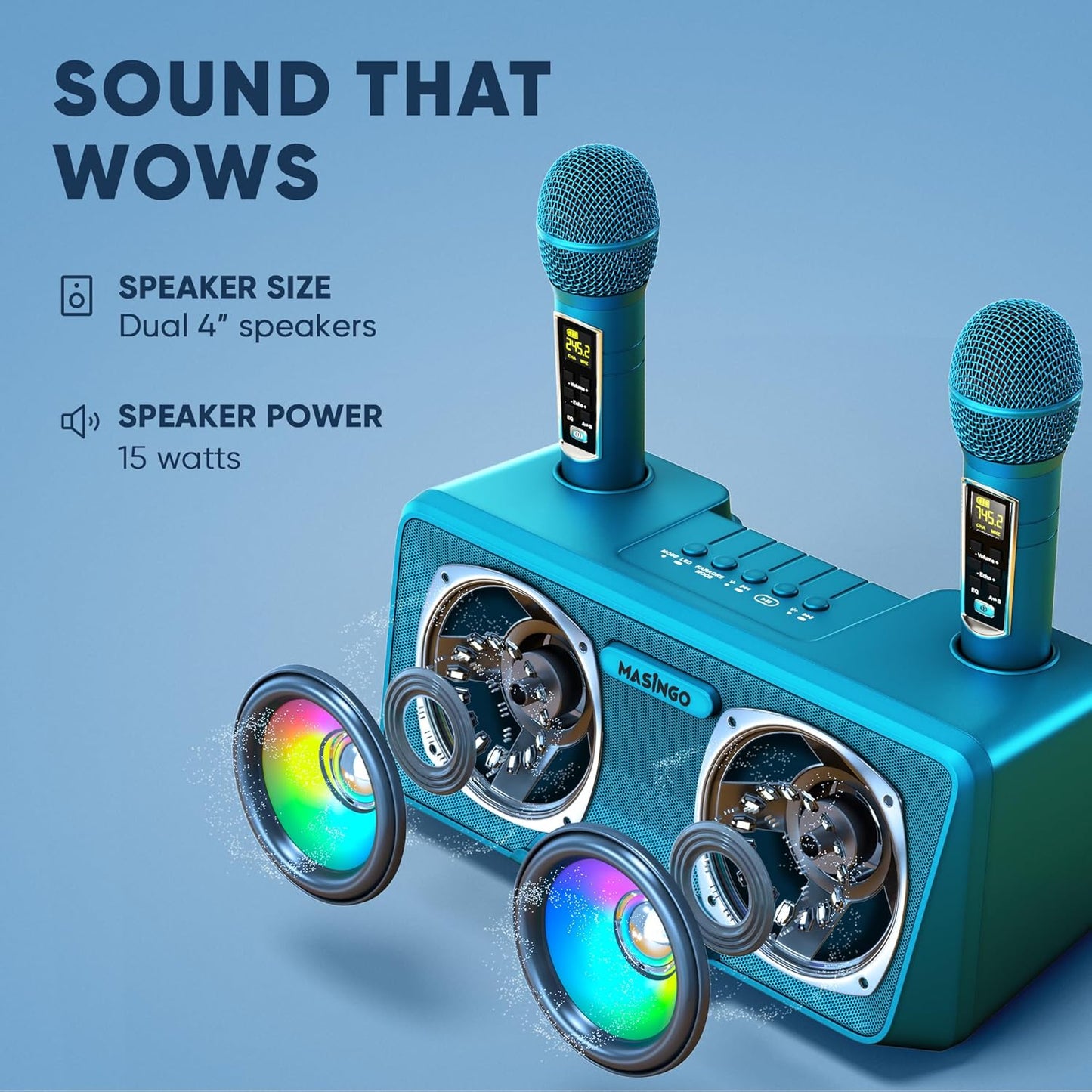 MASINGO Karaoke Machine for Adults and Kids with 2 Wireless Microphones, Portable Bluetooth Singing Speaker, Colorful LED Lights, PA System, Lyrics Display Phone Holder, and TV Cable. Presto G2