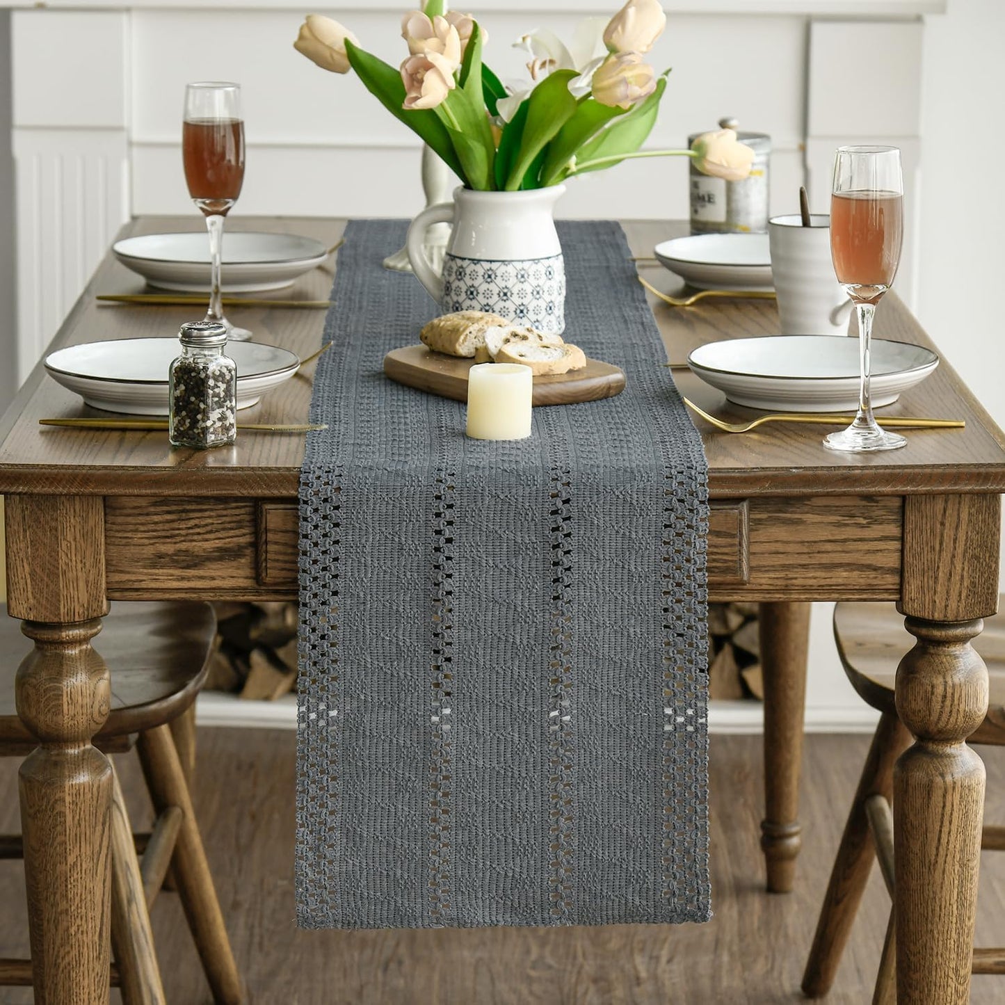 Artoid Mode Dark Grey Farmhouse Woven Rustic Hollow Table Runner, Seasonal Holiday Hollow Kitchen Dining Table Decoration for Home Party Decor 12x120 Inch