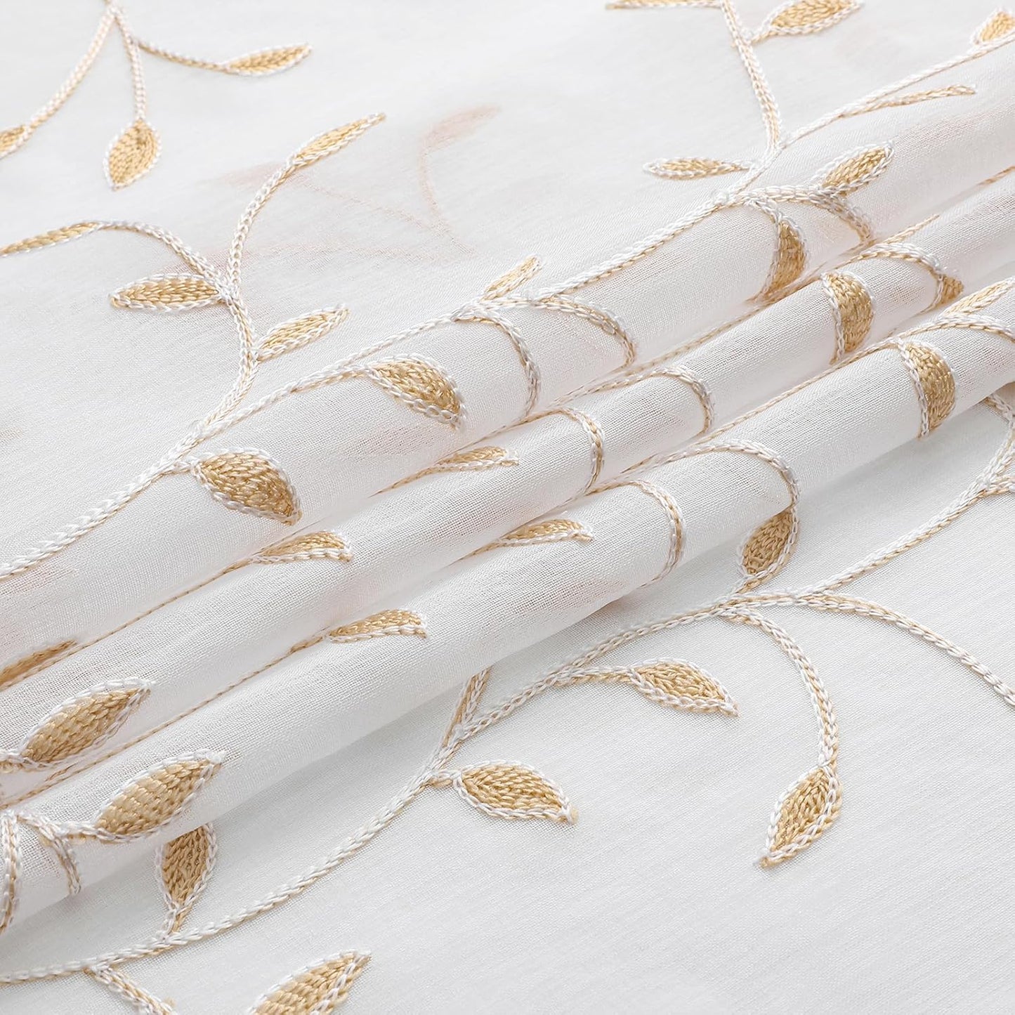 VISIONTEX White Sheer Voile Curtains, Decorative Orange Leaves Embroidery Faux Linen Rod Pocket Window Drapes for Home Kitchen, Living Room and Bedroom 54 x 95 Inch, Set of 2 Curtain Panels