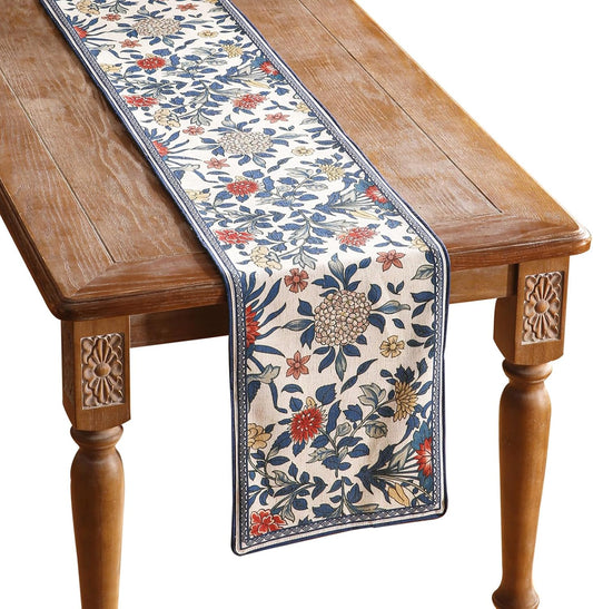 patdrea Designer Blue Cottage Rustic Floral Patterned Linen Table Runner 71 Inch Long,Wrinkle Resistant Table Mat,Decoration for Kitchen Dining and Coffee Tables Banquet Christmas , 12"x71"