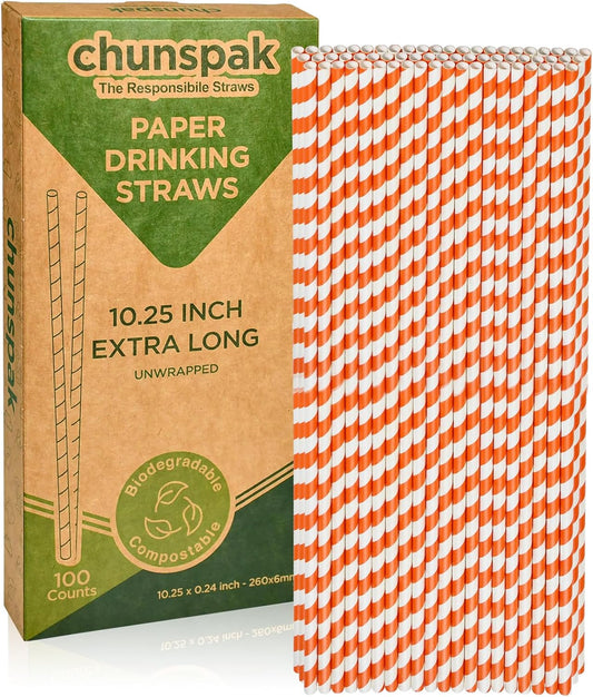 Orange Striped Paper Drinking Straws, 10.25 Inch Long, 100 Counts - for Tall Drinks, Halloween Party - Eco Friendly