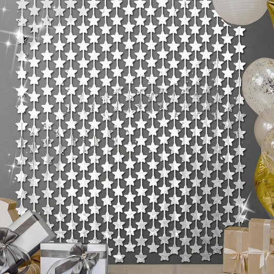 LOLStar 2 Pack Glitter Silver Stars Birthday Decorations 3.3X6.6 ft Each Silver Star Backdrop Foil Fringe Curtains,Perfect for Twinkle Star Baby Shower Anniversary Disco Bachelorette Party Decorations