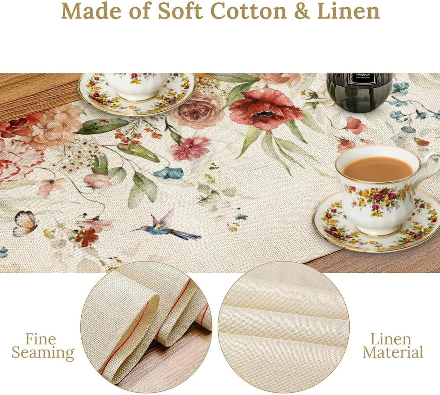 Rustic Floral Table Runner, Watercolor Flower Leaves Hummingbird Butterfly Farmhouse Kitchen Dinning Table Runner for Indoor Outdoor Home Wedding Party Holiday, 13x36 Inch