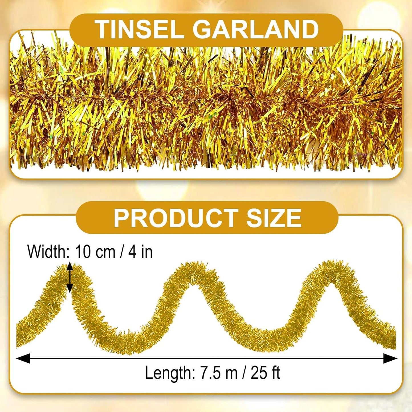 25 Feet Gold Christmas Tinsel Garland, Metallic Foil Twist Garland Wall Hanging Tinsel Banner Backdrop for Parade Floats, Easter, Mother's Day, Birthday Party Decorations (4in x 25ft)