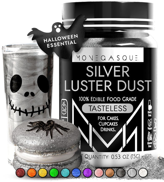 MONÉGASQUE Silver Edible Glitter for Drinks 15g – Edible Glitter for Cakes & Cocktails - Halloween Drink Decorations Shimmer - Silver Luster Dust for Cocktail, Cake Decorating, Food Decorations Spray