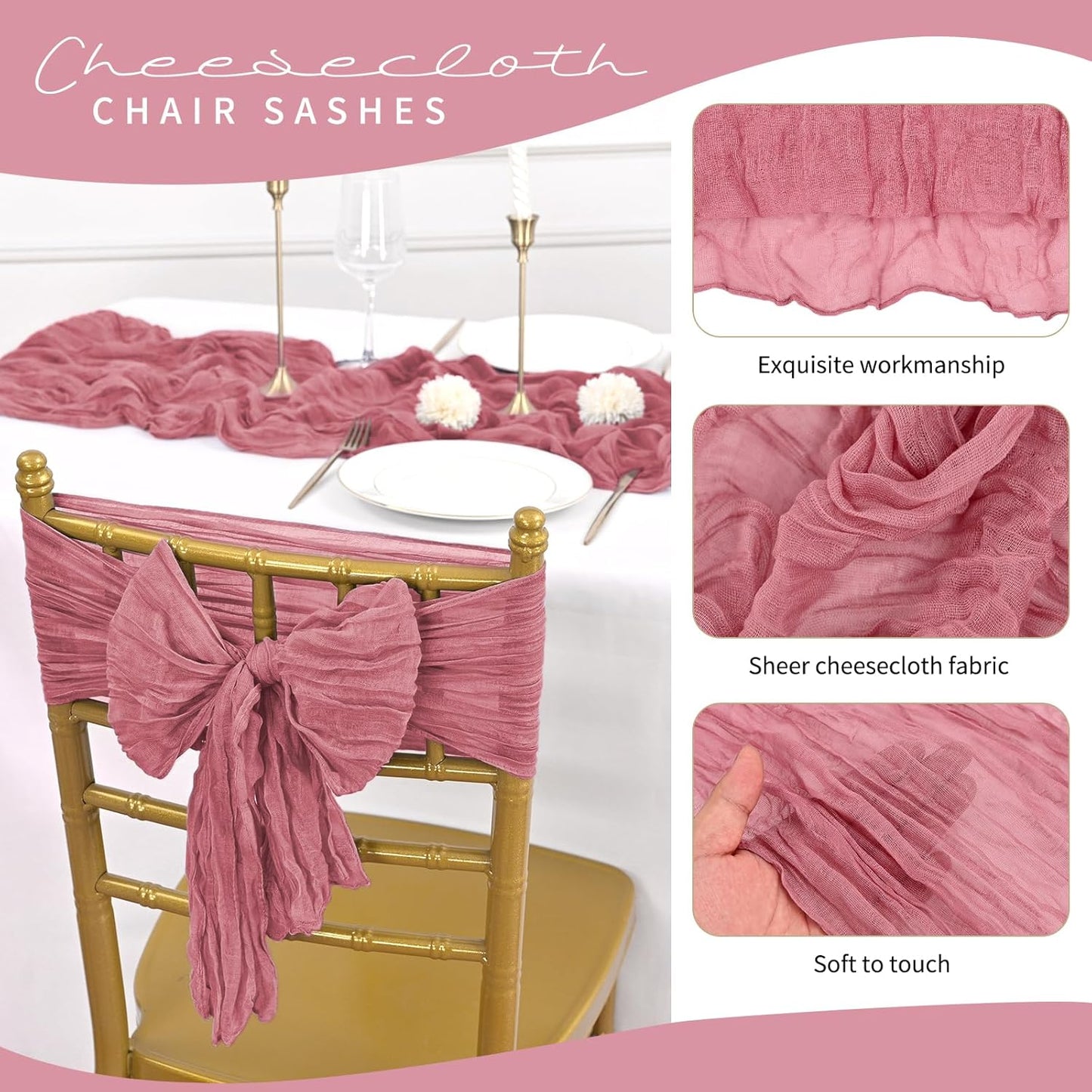 50 PCS Cheesecloth Chair Sashes, Bows Designed ChairSashes, 15.7x70 inch Chair Sashes for Aisle Decorations Universal Chairs Cover Decoration for Wedding Reception Party Banquet (Dusty Rose)