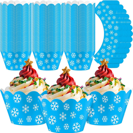 Domensi 100 Pcs Snowflake Cupcake Wrappers Blue Cupcake Liners Christmas Blue Snowflake Baking Cups Baking Liners for Winter Xmas Wedding Bridal Baby Shower Birthday Party Supplies Dessert Decoration