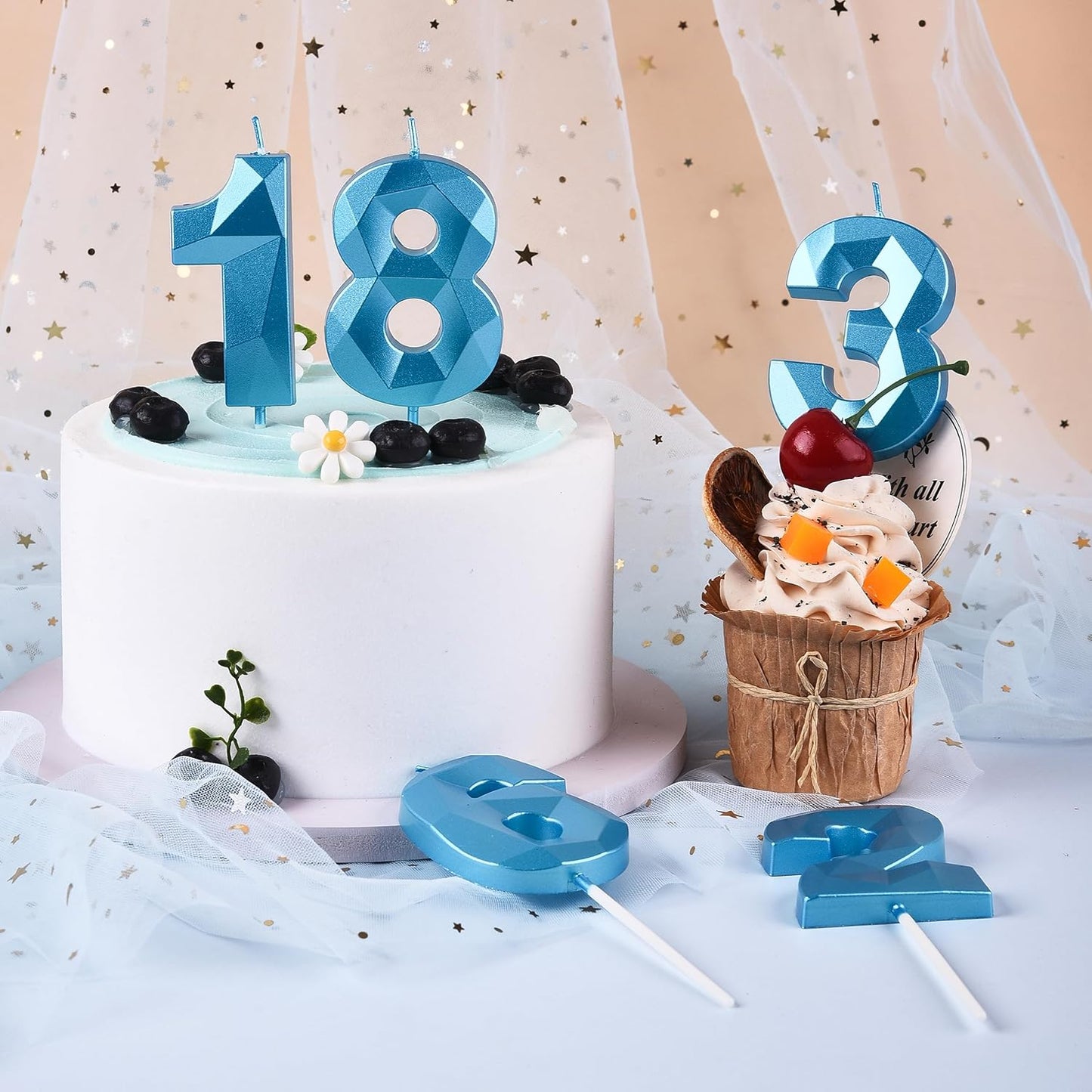 PHD Crystal Blue 2.76 Inch 2 Number Birthday Candles for Cake and Party Celebration