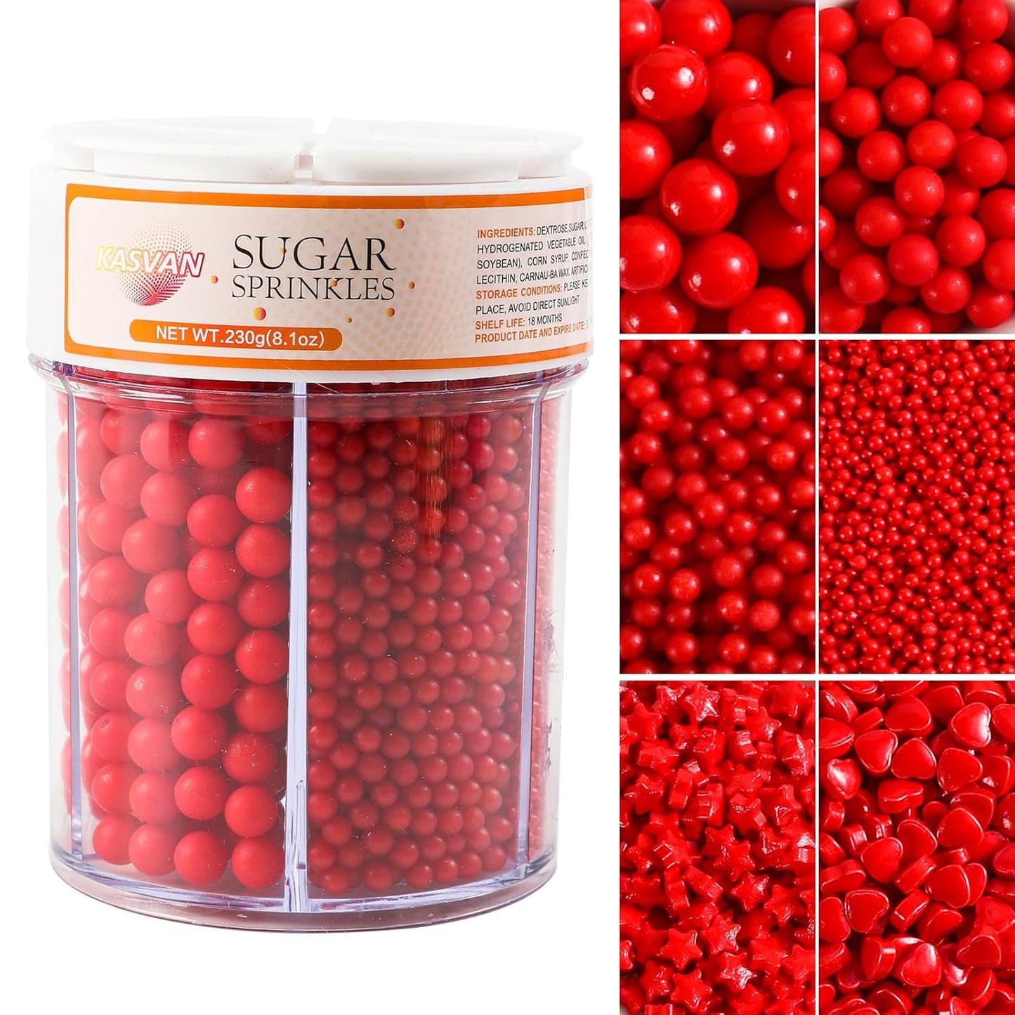 Kasvan Red Pearl Sprinkles, 6 Sizes Mix for Cake Decorating, 230g/8.1oz, Baking Cake Decorations, Ice Cream Toppings and Cookie Decorating, Wedding Party Chirstmas Supplies (Red)