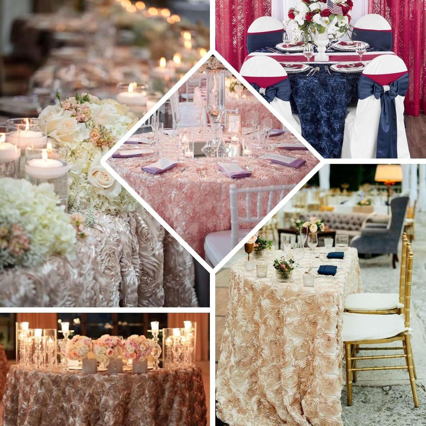 Efavormart 132" Wholesale Round Table Cover RED Grandiose Rosette 3D Satin Tablecloth for Wedding Party Event Decoration
