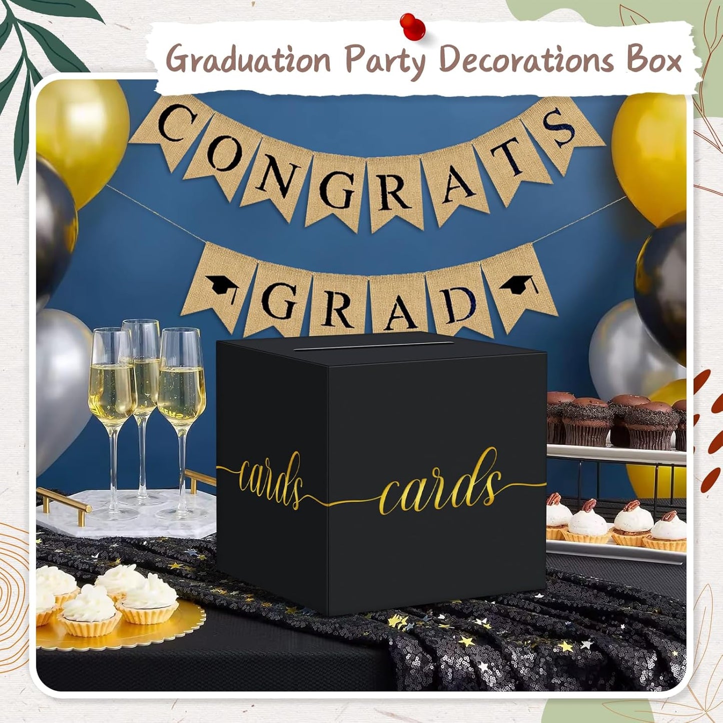 QIKSION Black Card Box for Party, Gold Foil Gift Card Box for Graduation, Wedding Reception, Birthday, Baby Shower, Raffle