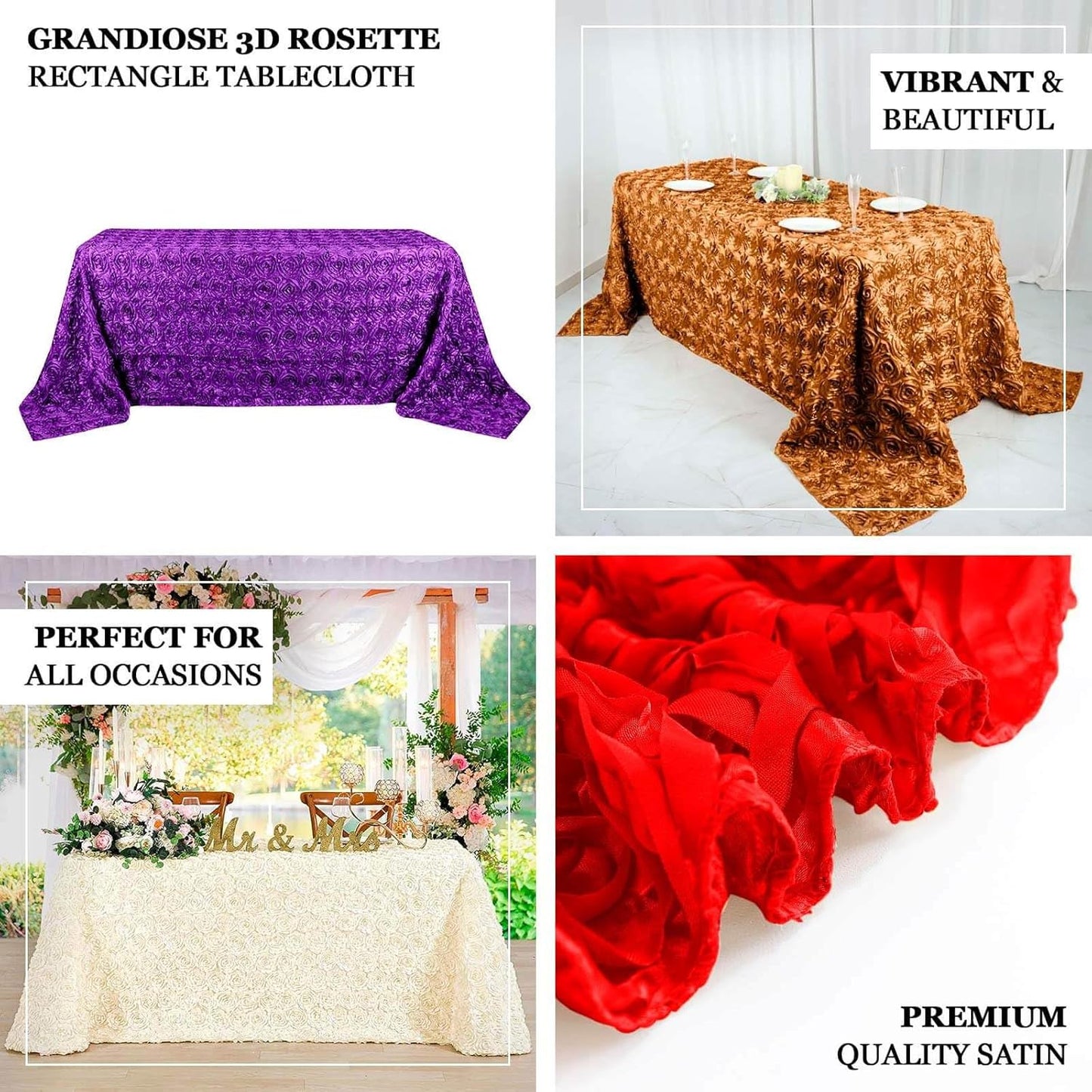Efavormart 90"x132" Wholesale Rectangle Table Cover Pink Grandiose Rosette 3D Satin Tablecloth for Wedding Party Event Decoration