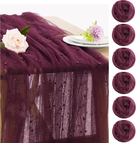 Set of 6 Pearl Table Runner 29 x 120 Inch Tulle Fabric Lace Table Runners Boho Rustic Tablecloth for Bridal Shower Birthday Party Wedding Arch Aisle Veil Dessert Table Decor(Burgundy)