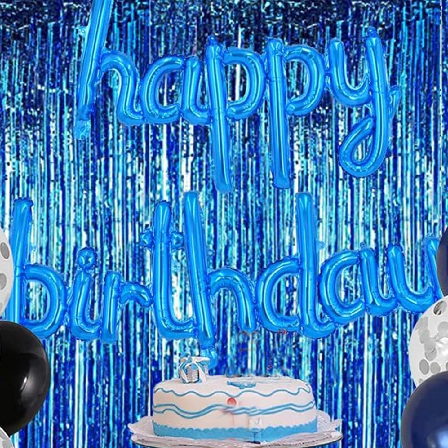 BEISHIDA 2 Pcs Blue Door Streamers Tinsel Curtain Party Backdrop Fringe Foil Wall Background for Birthday Halloween Christmas Wedding Boys Baby shower Party Decoration(3.28 ft x 6.56 ft)