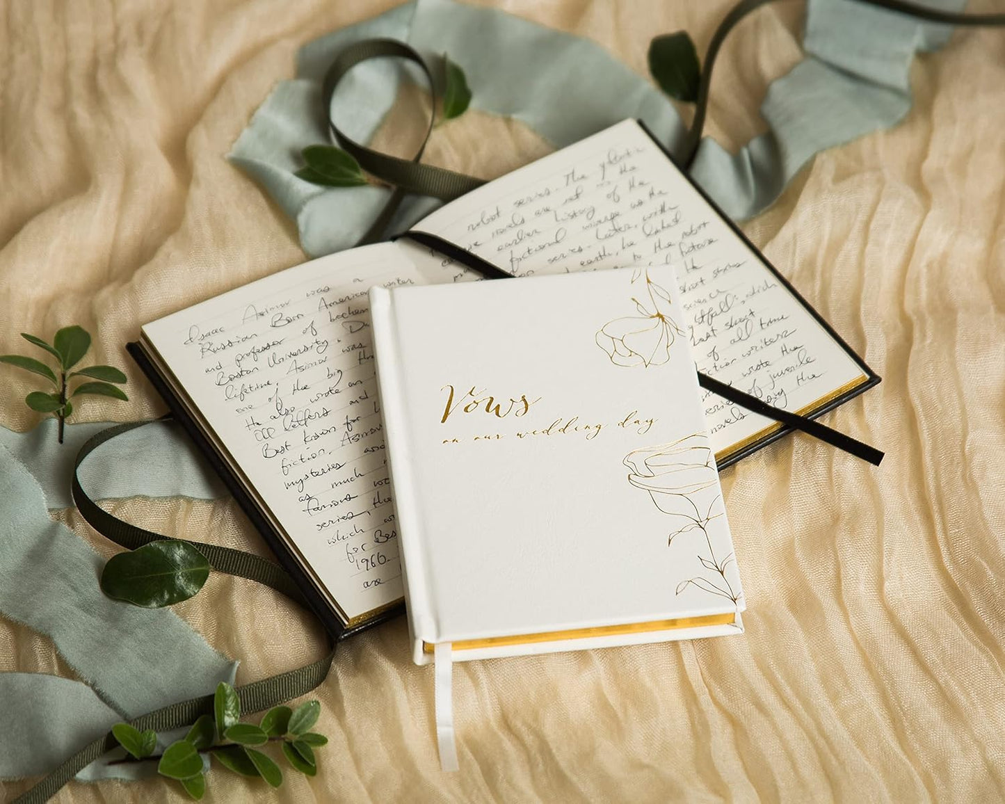 Vows On Our Wedding Day Vow Books (Set of 2) - Black & White Pocket Sized Foil Embossed Foliage Design Wedding Ceremony Vow Renewal Speech Notebook Planner, Gift for Bride & Groom Newly Engaged Couple