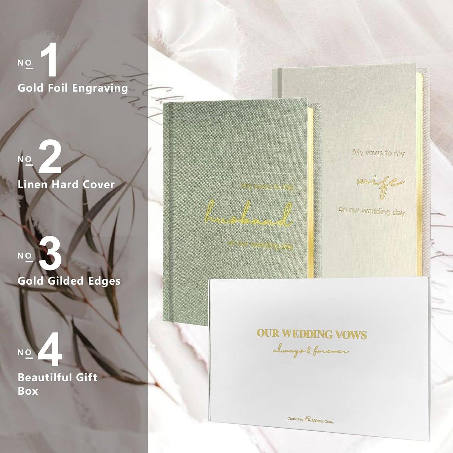WeddingGiftsWedding Vow Books His and Hers Set of 2 Canvas Linen Wedding Vow Books Husband and Wife Hard Cover Vow Books for Engagement Gifts(XZ-HW-Sage)