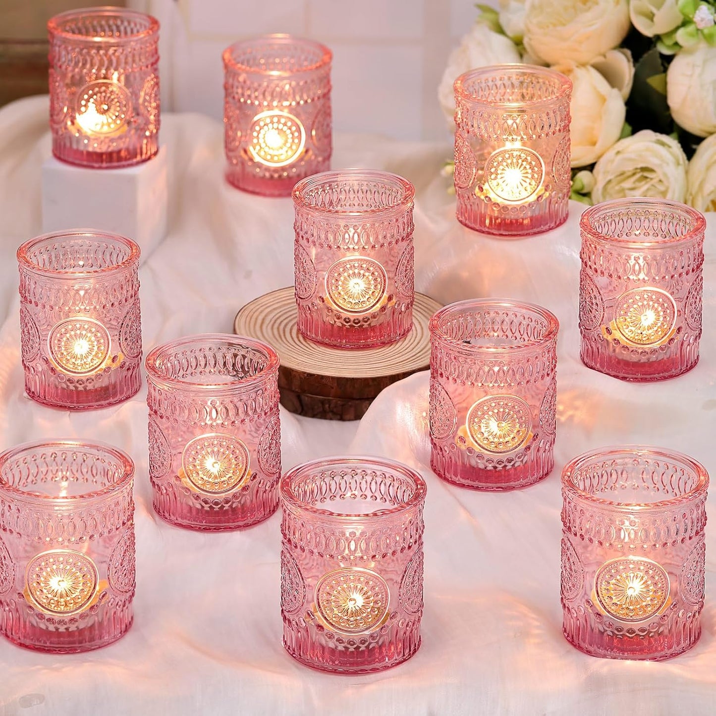 DARJEN Pink Votive Candle Holders Set of 36- Glass Candle Holders Bulk for Tea Light Candle, Embossed Candle Votives for Romantic Wedding Centerpiece, Home Table Decor