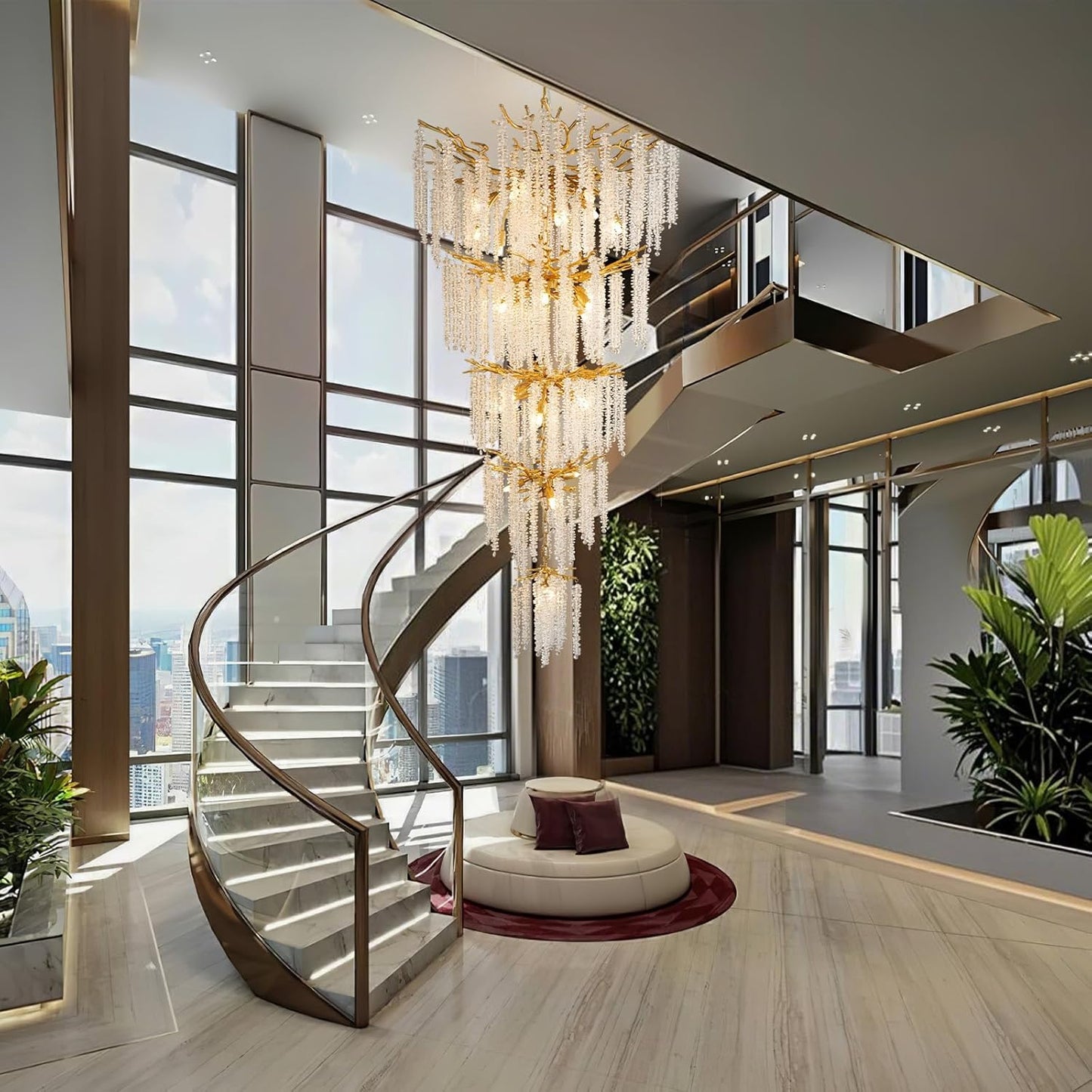 YUYI Upgraded 118'' Long Crystal Chandelier for High Ceiling, 28-Light Modern Gold Tree Branch Chandelier, Large Chandeliers for Foyer, Entryway, Staircase, 5-Tier Luxury K9 Raindrop Light Fixtures