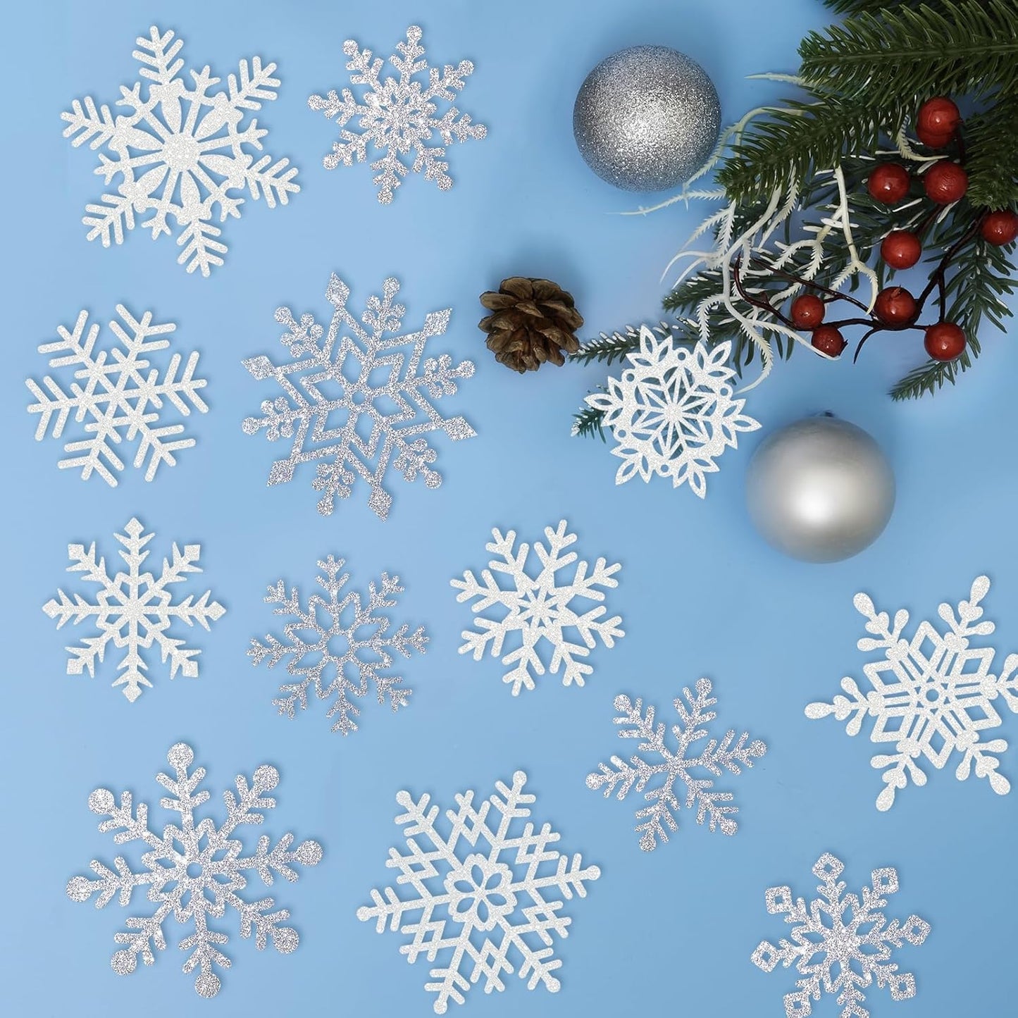 Winter Snowflake Cutouts Glitter Paper Snowflake Decorations - 100Pcs White and Silver Snow Flake Double-Side Christmas Cutouts for Holiday Winter Wonderland Bulletin Board, Frozen Party Decor