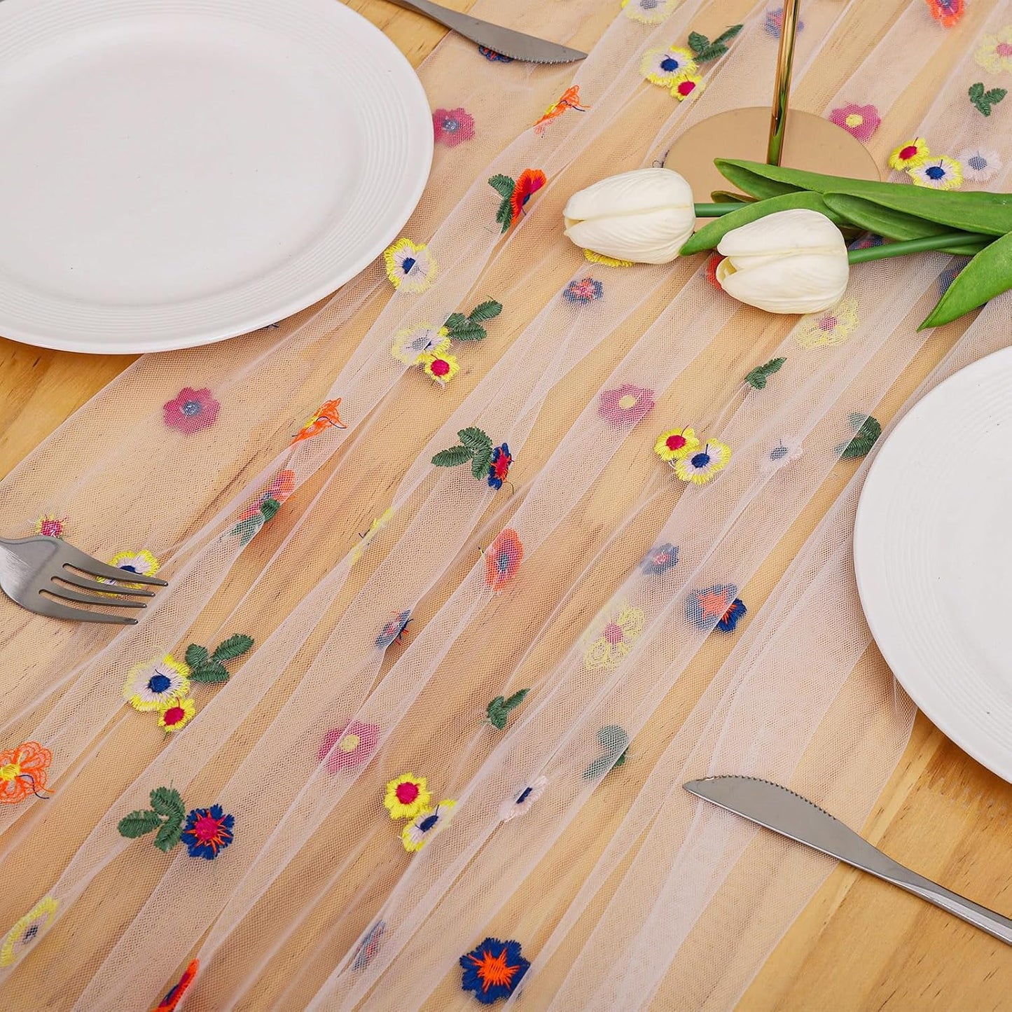 BINBE 3pcs Ivory Daisy Fall Table Runner Embroidery Gauze 10FT Florals Seasonal Tulle Holiday Birthday Kitchen Dining Table Decor for Home Party